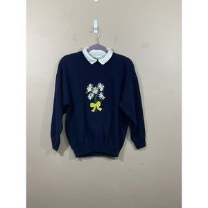 VTG Womens Embroidered Daisy Sweatshirt S/M Blue Flowers Granny Retro Cottage